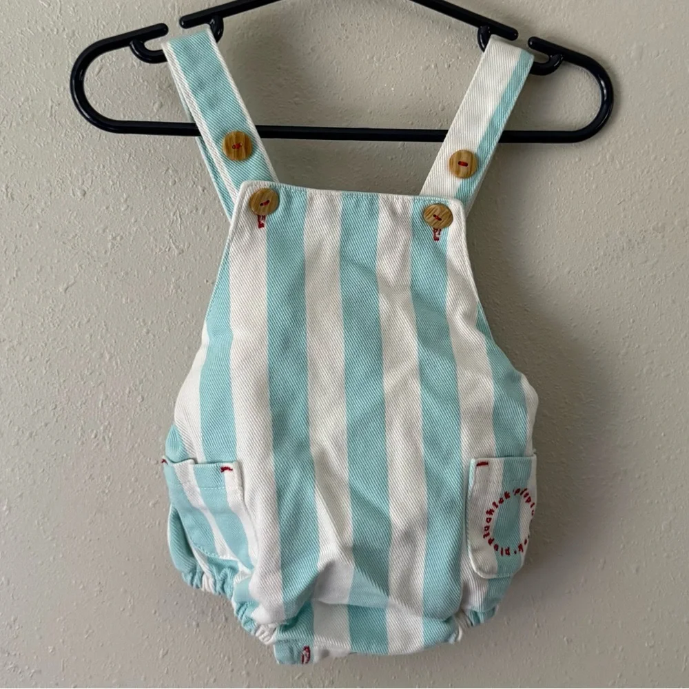 Piu Piu Chick Blue & White Striped Bubble Overalls Size 0-3 Months